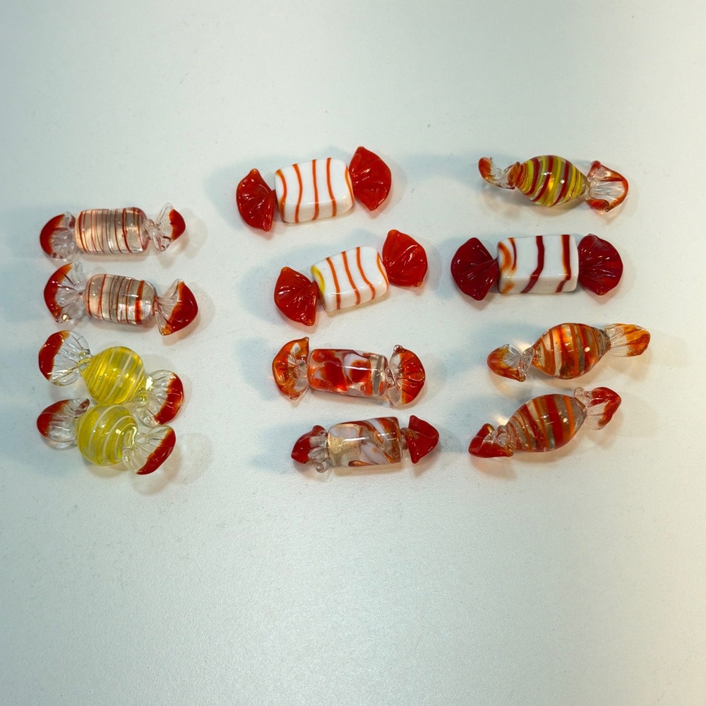 Art Glass Candy Set 12 Pieces Red Striped Hand Blown Decor Vintage Bowl Fillers